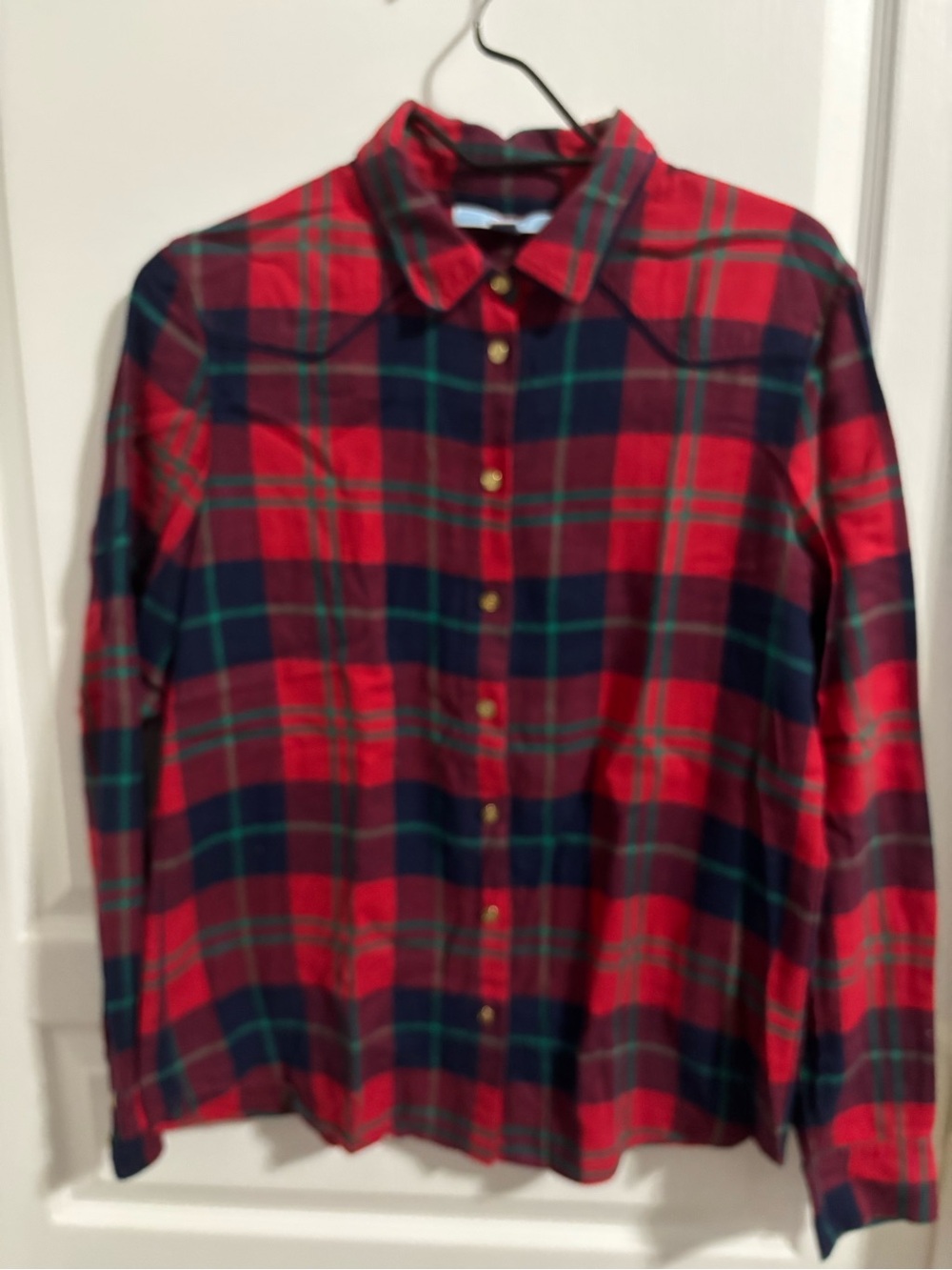 Draper James Women’s Red and Navy Plaid Button-Down Shirt Sz12